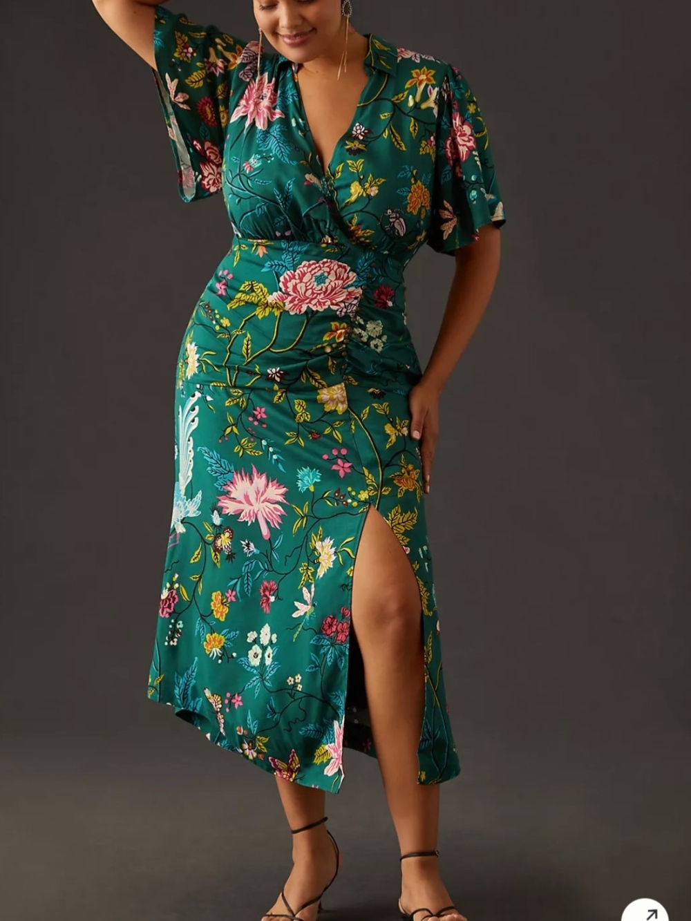 Maeve Anthropologie Button Front Shirt Dress 14 Green Floral Bird V-neck Slit - Picture 9 of 15
